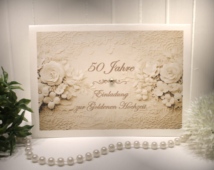Einladungskarten 10 Stück "Spitze champagner" für Ihre Goldene Hochzeit incl. Umschlag & Einlegeblatt zum kleinen Preis Design GO 05