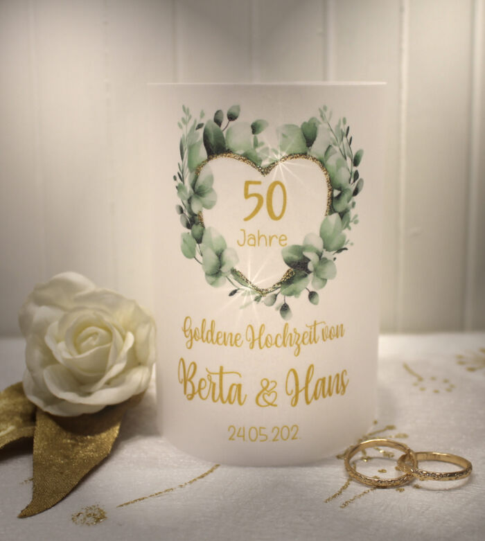 Lichthülle, Windlicht Pergament zur goldenen Hochzeit "Eukalyptusherz" mit Goldglitter Design GO03 WL