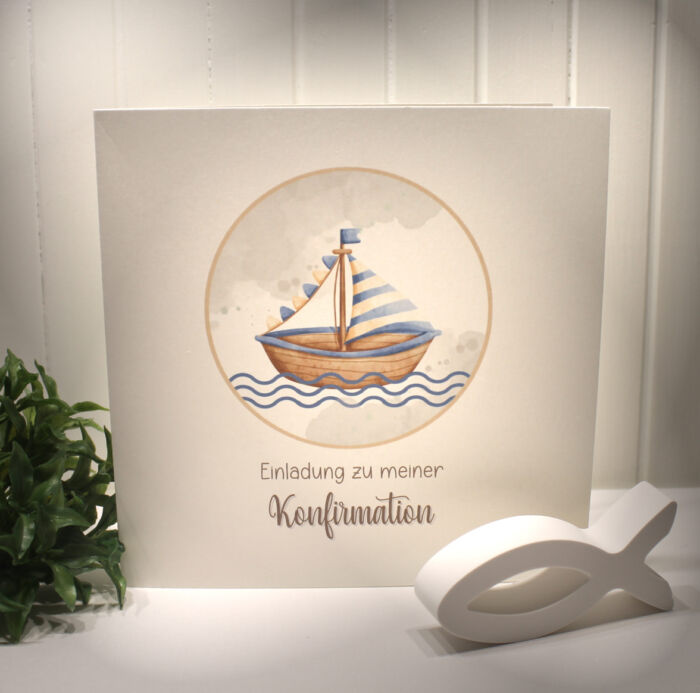 Einladungskarten 10 Stück "Boot" zur Konfirmation-Kommunion-Firmung-Taufe incl. Umschlag & Einlegeblatt zum kleinen Preis Design K35