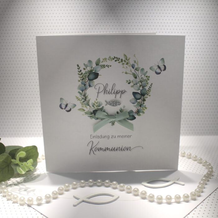 Bastelset DIY "Eukalyptus weiss" Einladung zur Konfirmation, Kommunion, Firmung oder Taufe Design K19