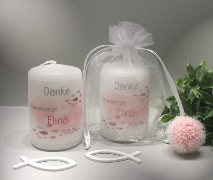 Gastgeschenk Kerze "Fisch rosa" zur Konfirmation, Kommunion oder Taufe, im Organzasäckchen, zum kleinen Preis! Design K30 DK