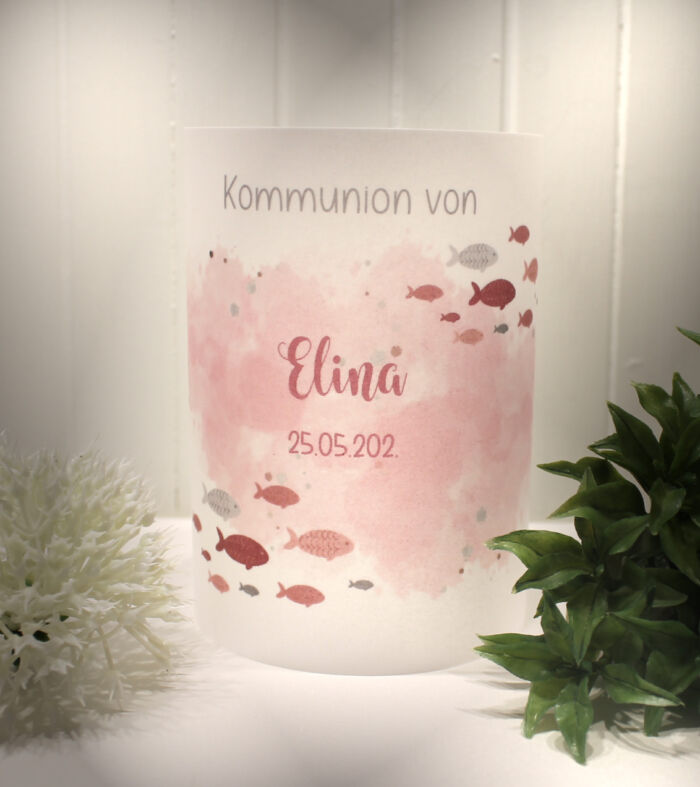 Lichthülle, Windlicht Pergament zur Taufe, Konfirmation oder Kommunion "Fisch rosa" zum kleinen Preis! Design K30 WL