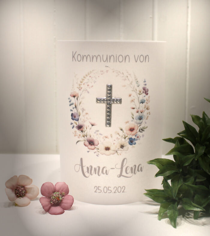 Lichthülle, Windlicht Pergament zur Taufe, Konfirmation oder Kommunion "Kreuz mit Blüten" Design K31 WL