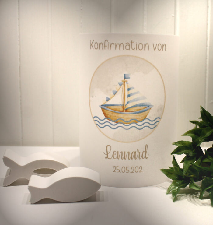 Lichthülle, Windlicht Pergament zur Taufe, Konfirmation oder Kommunion "Boot" Design K35 WL