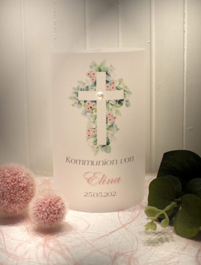 Lichthülle, Windlicht Pergament zur Taufe, Konfirmation oder Kommunion "Blütenkreuz" Design K36 WL