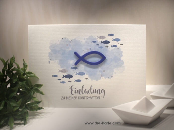 Einladungskarten 10 Stück "Fisch blau" zur Konfirmation-Kommunion-Firmung-Taufe incl. Umschlag & Einlegeblatt zum kleinen Preis! Design K30