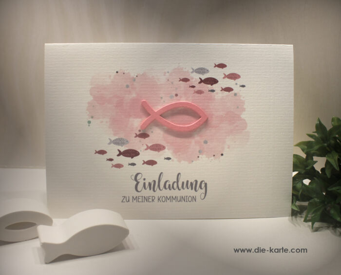 Einladungskarten 10 Stück "Fisch rosa" zur Konfirmation-Kommunion-Firmung-Taufe incl. Umschlag & Einlegeblatt zum kleinen Preis! Design K30