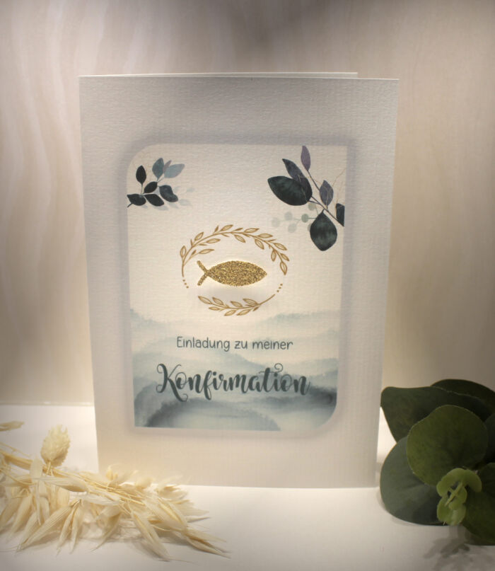 Einladungskarten 10 Stück "Eukalyptus" zur Konfirmation-Kommunion-Firmung-Taufe incl. Umschlag & Einlegeblatt zum kleinen Preis! Design K32
