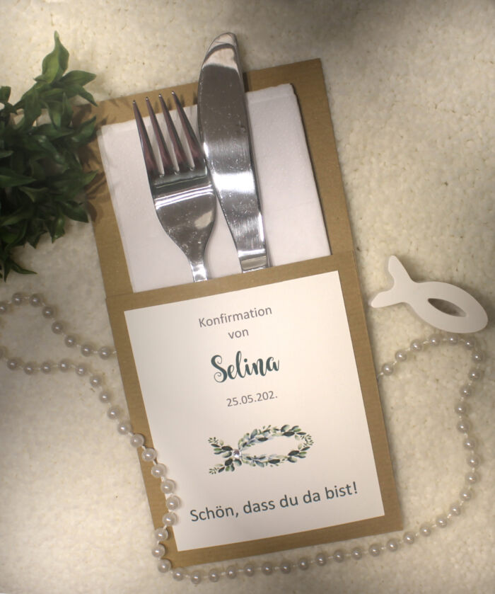 Bestecktasche "Eukalyptus Fisch" zur Konfirmation, Kommunion oder Taufe personalisiert, Design 322