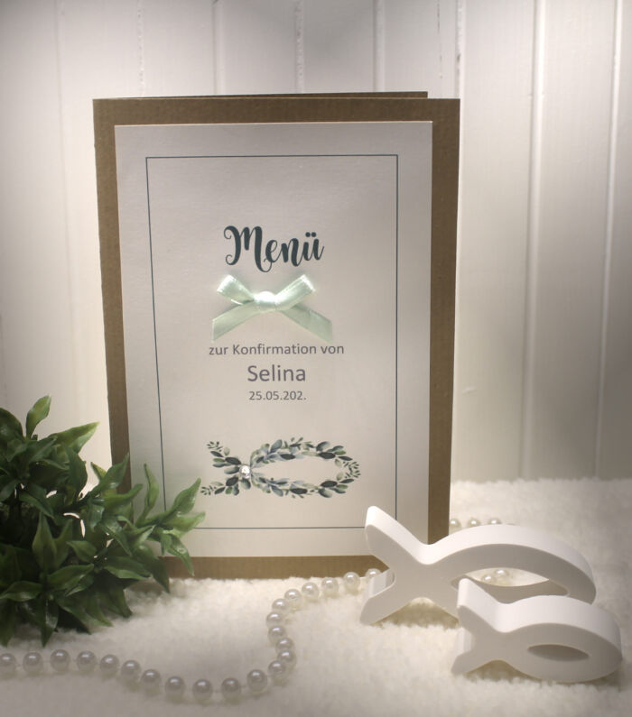 Bastelset DIY Menükarte zur Konfirmation, Kommunion, Firmung oder Taufe „Eukalyptus Fisch" incl. Einlegeblatt Design K17ME