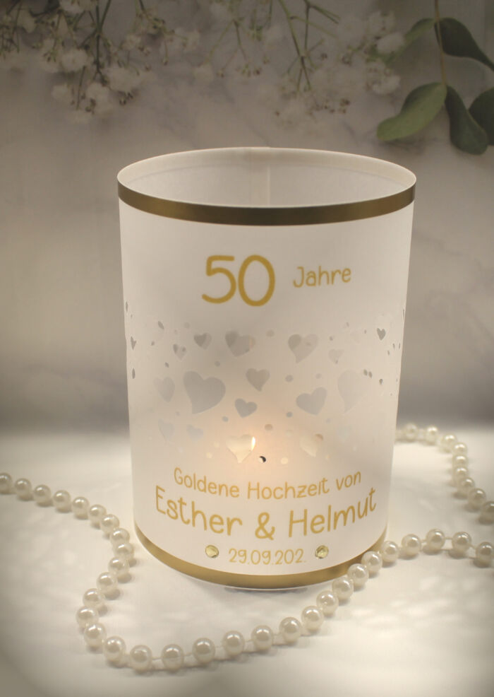 Lichthülle, Windlicht Pergament "das Besondere" für Ihre Goldene Hochzeit, Schmetterlinge, Herzen oder Blüten Design 912 – Bild 3