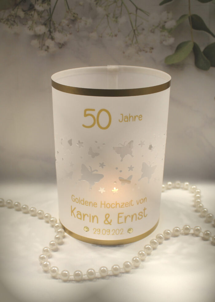 Lichthülle, Windlicht Pergament "das Besondere" für Ihre Goldene Hochzeit, Schmetterlinge, Herzen oder Blüten Design 912 – Bild 5