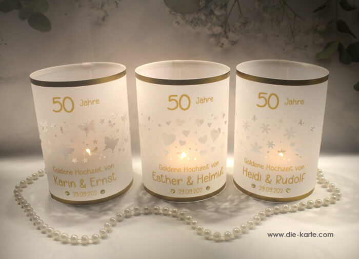 Lichthülle, Windlicht Pergament "das Besondere" für Ihre Goldene Hochzeit, Schmetterlinge, Herzen oder Blüten Design 912