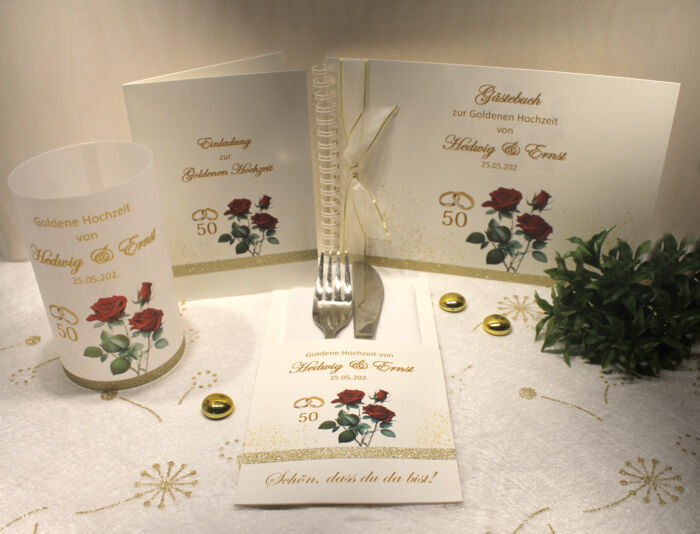 Lichthülle, Windlicht Pergament zur goldenen Hochzeit "Rose bordeauxrot" Design GO07 WL – Bild 2