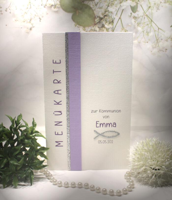 Bastelset DIY "lila" Menükarte zur Konfirmation, Kommunion oder Taufe Design K18