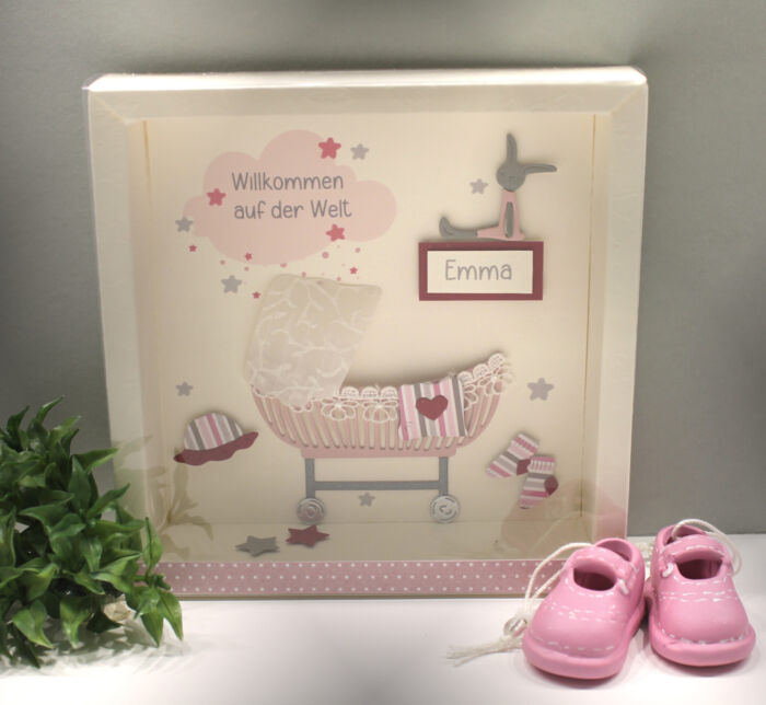 Geschenkschachtel als Rahmen zur "Geburt" Babywiege rosa mit transparentem Schiebedeckel, personalisiert, Design 8029
