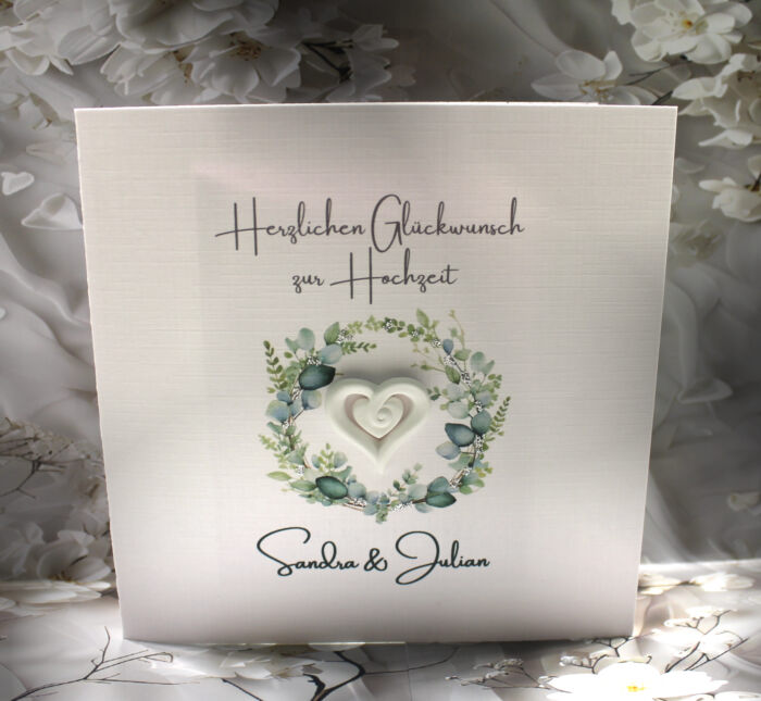 Glückwunschkarte zur Hochzeit "Eukalyptuskranz mit Herz" personalisiert innen mit Geldscheinfach Design 115