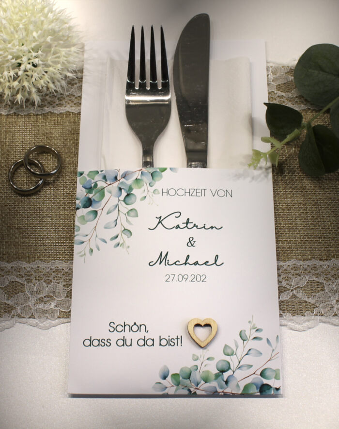 Bestecktasche zur Hochzeit "Eukalyptus mit Herz" personalisiert, Design 12010