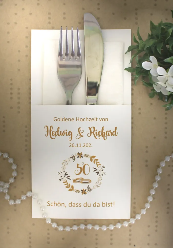 Bestecktasche zur "Goldenen Hochzeit" Blütenkranz mit Ringen", personalisiert, Design 7113