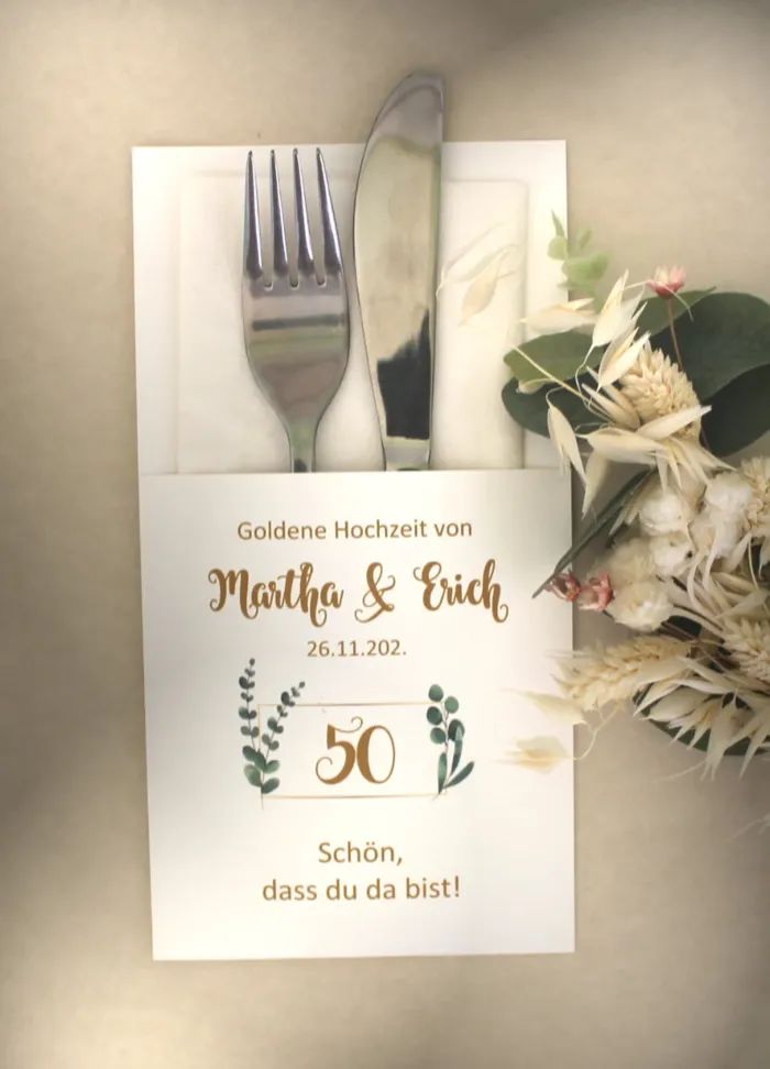Bestecktasche zur "Goldenen Hochzeit" Eukalyptusrahmen", personalisiert, Design 7114