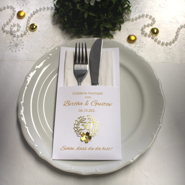 Bestecktasche zur "Goldenen Hochzeit" goldene 50 mit Blüte, personalisiert, Design 7120