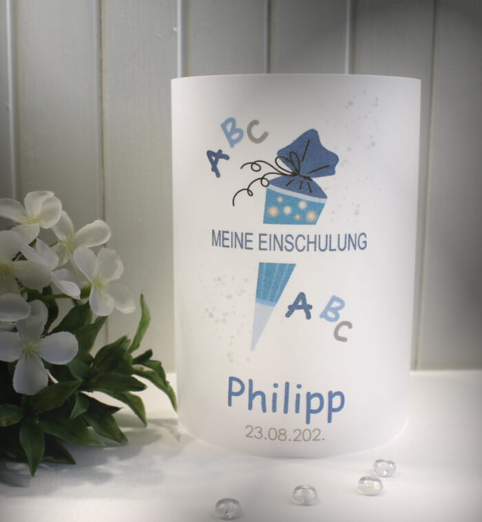 Lichthülle, Windlicht Pergament "Schultüte blau" zur Einschulung, Design 801
