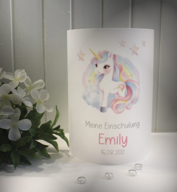 Lichthülle, Windlicht Pergament "Einhorn" zur Einschulung, Design 808