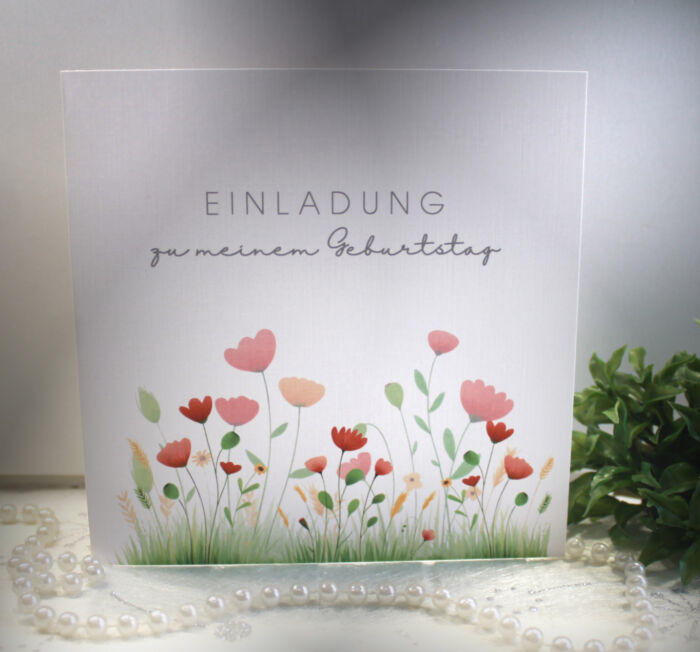 Einladung zum Geburtstag "Blumwnwiese" aus edlem Feinleinenkarton, Einlegeblatt & Umschlag Design 95010