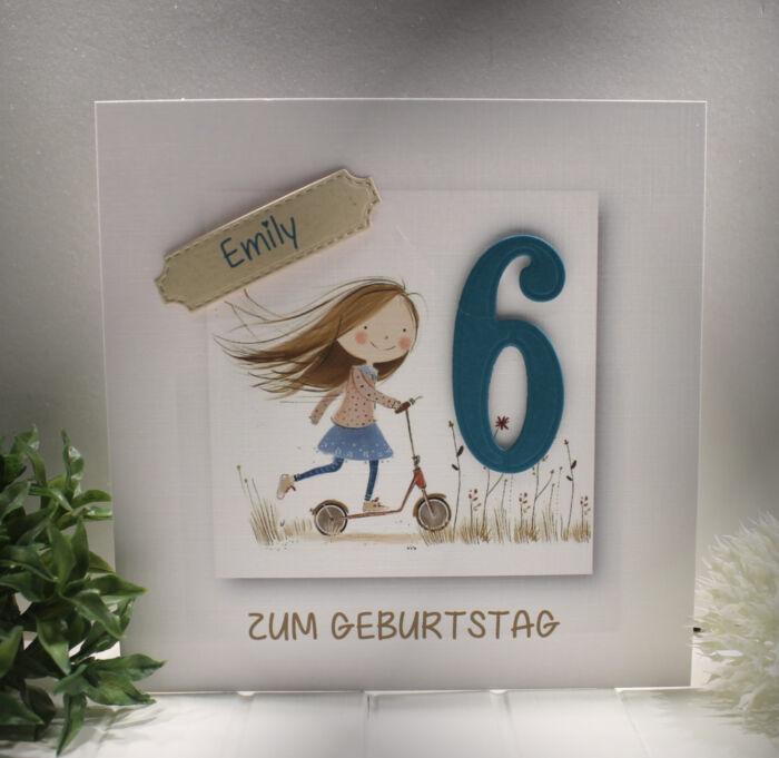 Glückwunschkarte zur Geburtstag Mädchen, Roller mit Personalisierung und auf Wunsch als Geldgeschenk Design 140