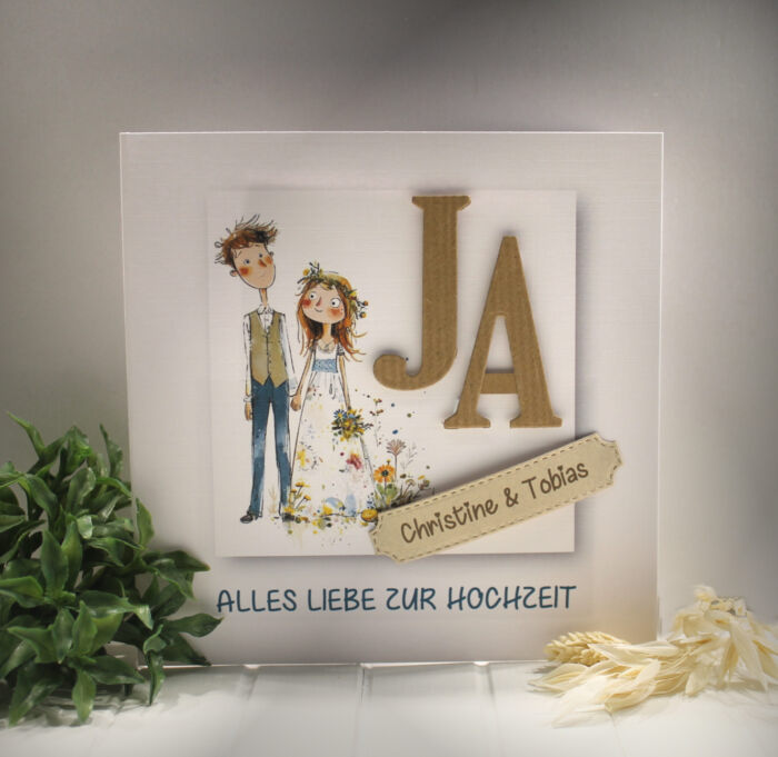 Glückwunschkarte zur Hochzeit, Brautpaar "JA" mit Personalisierung und auf Wunsch als Geldgeschenk Design 141