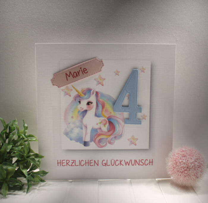 Glückwunschkarte zur Geburtstag Mädchen, Einhorn mit Personalisierung und auf Wunsch als Geldgeschenk Design 145