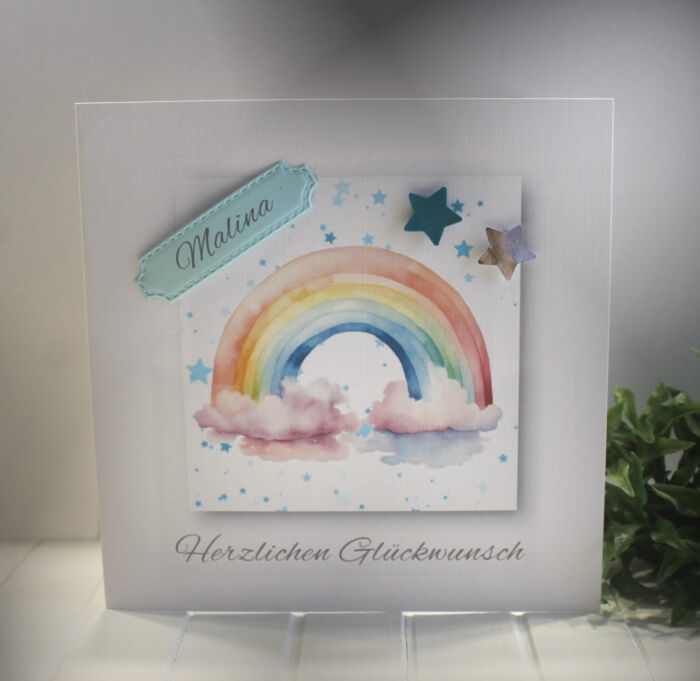 Glückwunschkarte Regenbogen zur Taufe, Geburtstag oder Geburt, mit Personalisierung und auf Wunsch als Geldgeschenk Design 152