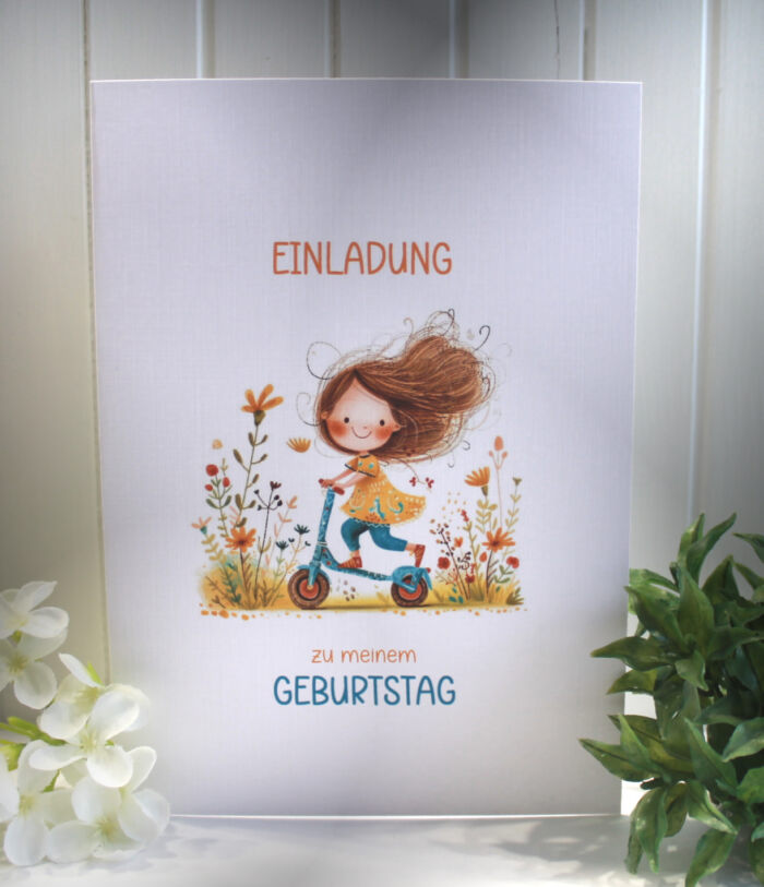 Einladungskarte zum Kindergeburtstag "Roller" Klappkarte incl. Umschlag und Innentext zum kleinen Preis Design KG 01
