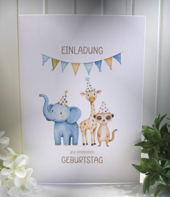 Einladungskarte zum Kindergeburtstag "Tiere" Klappkarte incl. Umschlag und Innentext zum kleinen Preis Design KG 03