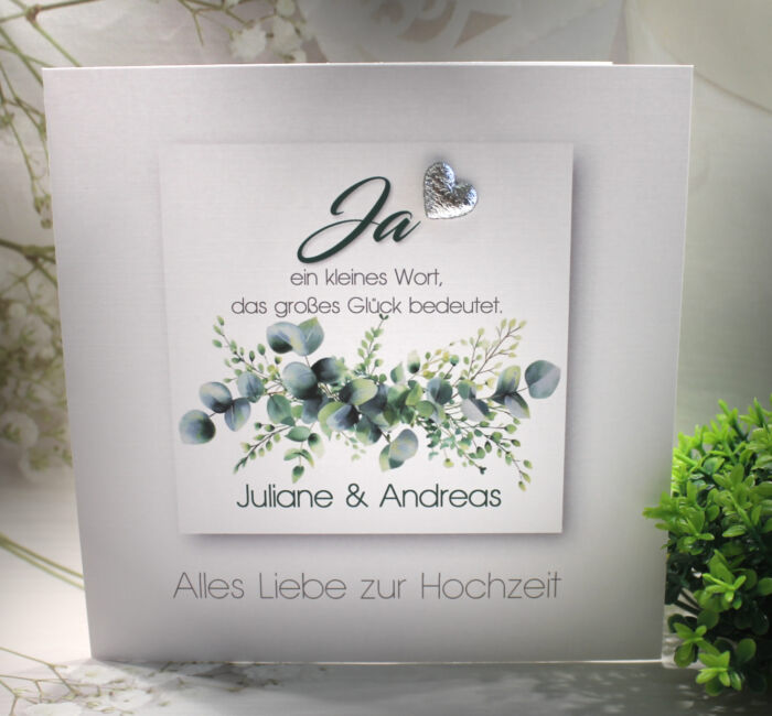 Glückwunschkarte zur Hochzeit "Ja" in silber, incl. Personalisierung und auf Wunsch als Geldgeschenk Design 121