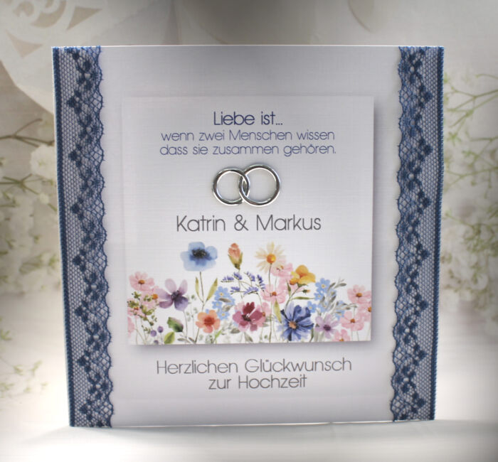 Glückwunschkarte zur Hochzeit "Blütentraum" mit echter Spitze, incl. Personalisierung und auf Wunsch als Geldgeschenk Design 122