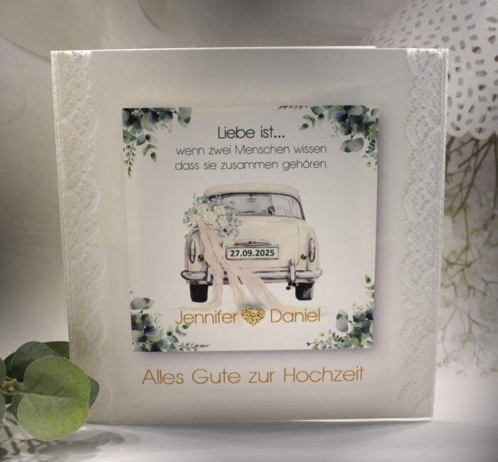 Glückwunschkarte zur Hochzeit "Hochzeitsauto" gold, mit echter Spitze, incl. Personalisierung und auf Wunsch als Geldgeschenk Design 125 (Kopie)