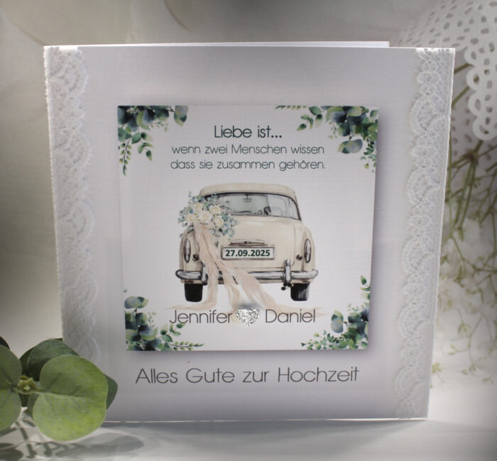 Glückwunschkarte zur Hochzeit "Hochzeitsauto" silber, mit echter Spitze, incl. Personalisierung und auf Wunsch als Geldgeschenk Design 125