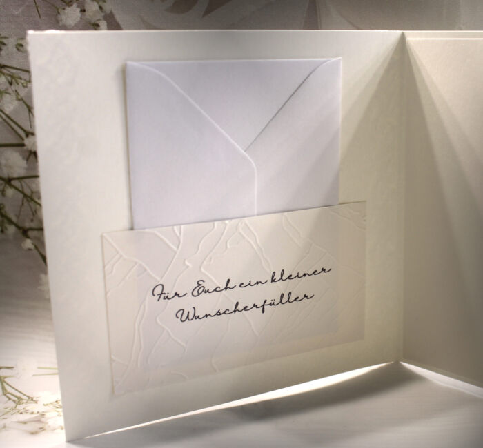 Glückwunschkarte zur Hochzeit "Blütenkranz" mit echter Spitze, incl. Personalisierung und auf Wunsch als Geldgeschenk Design 124 – Bild 2