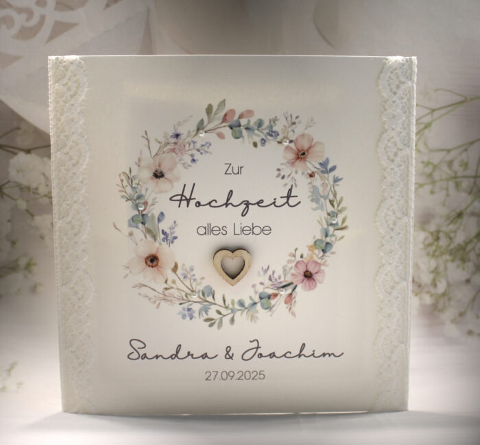 Glückwunschkarte zur Hochzeit "Blütenkranz" mit echter Spitze, incl. Personalisierung und auf Wunsch als Geldgeschenk Design 124